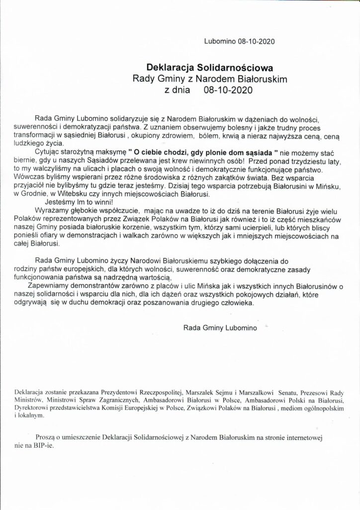 Skan Deklaracji Solidarnościowej Rady Gminy z Narodem Białoruskim