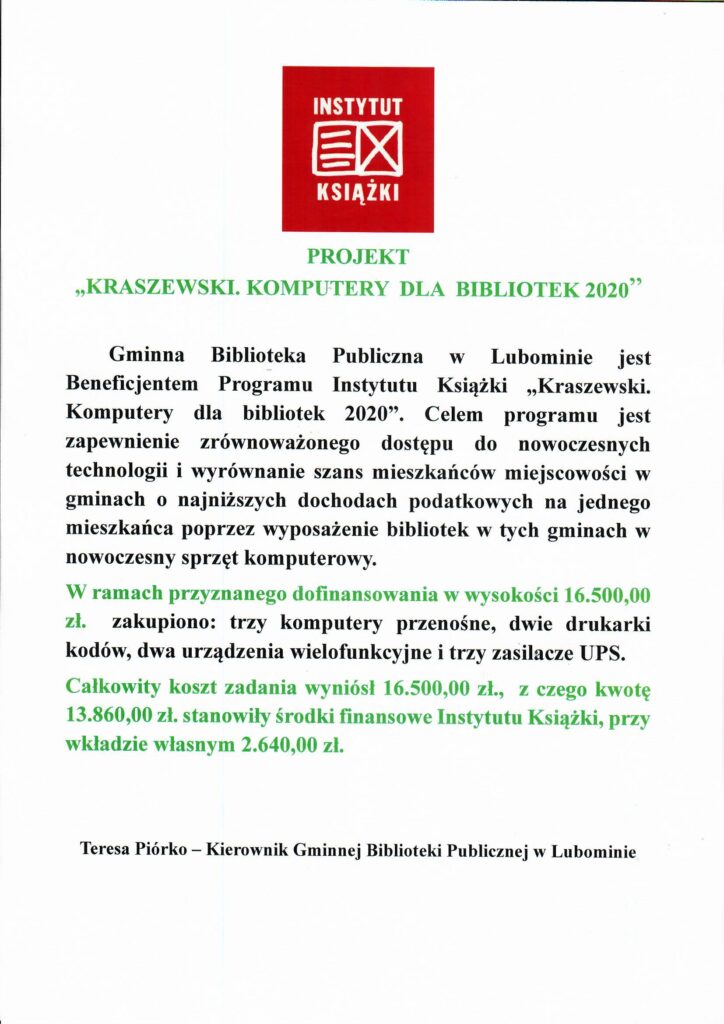 Skan dokumentu z informacją o projekcie "Kraszewski. Komputery dla bibliotek 2020".